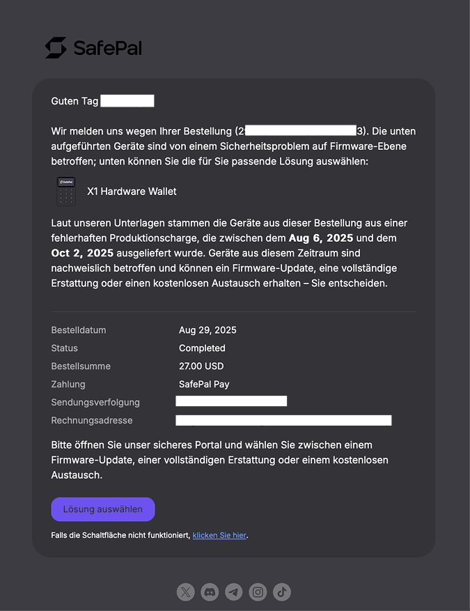 Example scam email with a fake firmware security alert in German